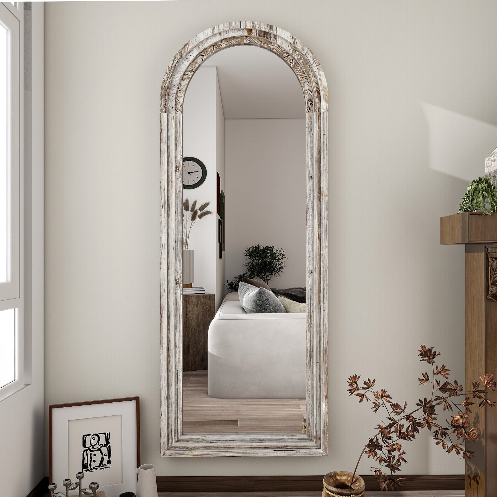 71"X30" Arched Full Length Mirror with Stand Solid Wooden Framed Floor Mirror Full Body Mirror,Retro White