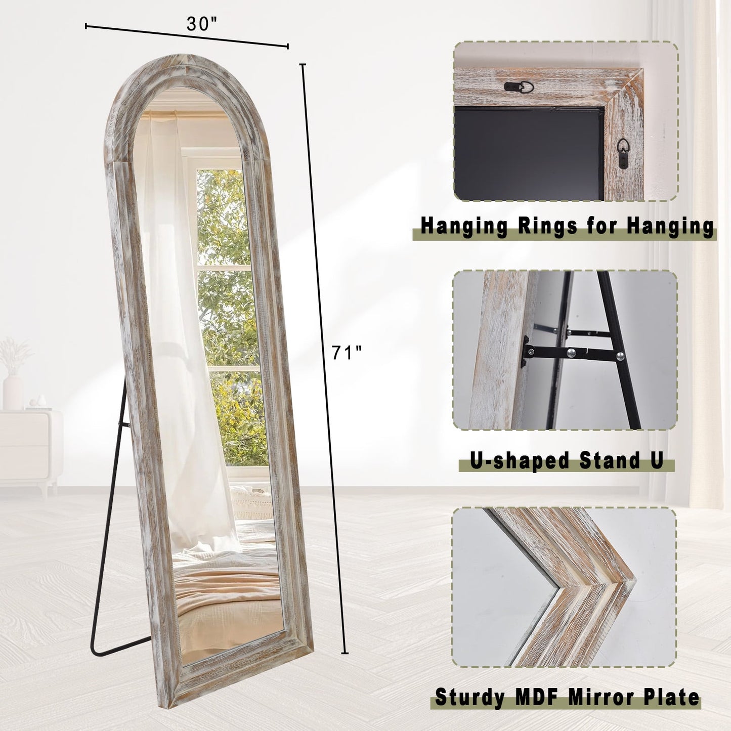 71"X30" Arched Full Length Mirror with Stand Solid Wooden Framed Floor Mirror Full Body Mirror,Retro White