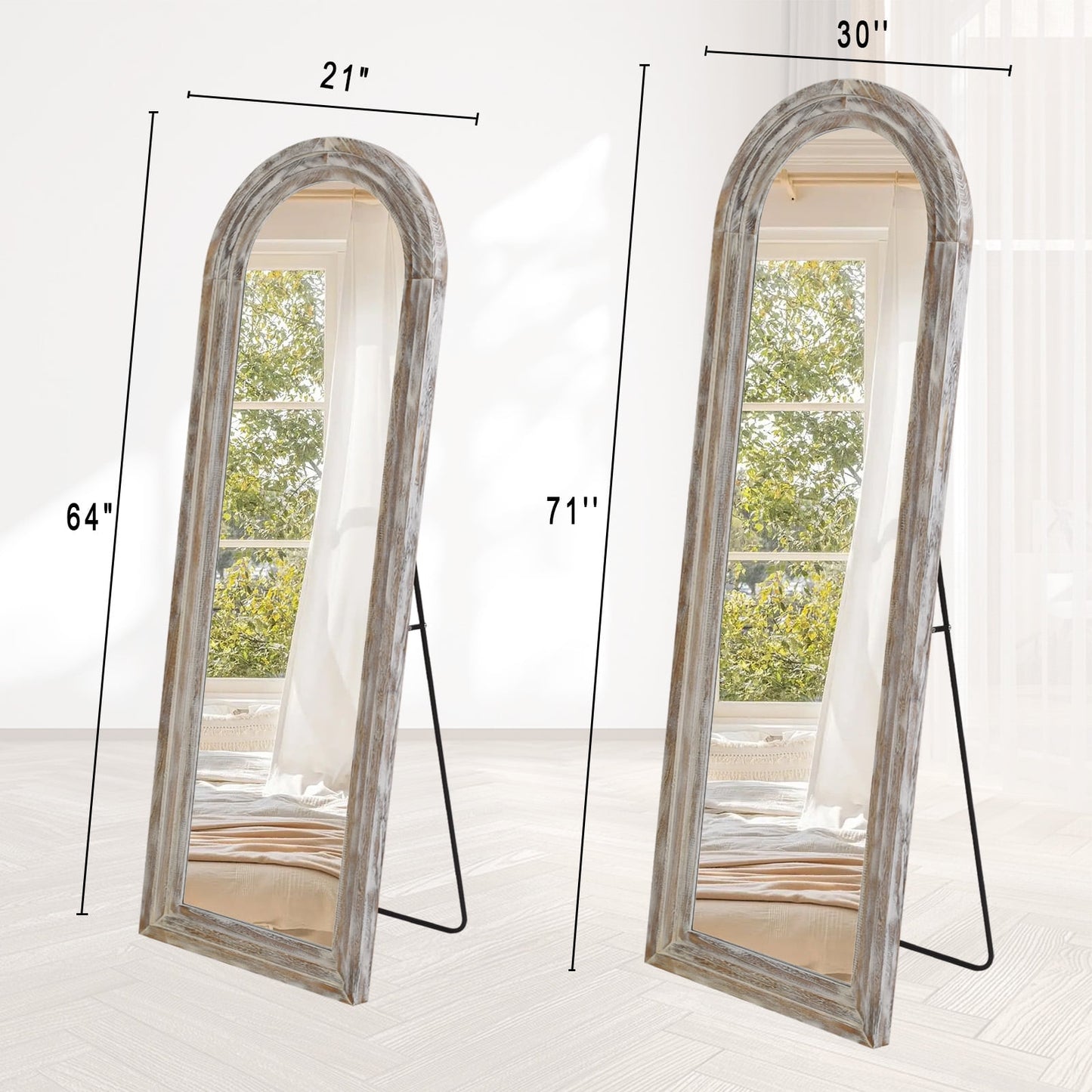 71"X30" Arched Full Length Mirror with Stand Solid Wooden Framed Floor Mirror Full Body Mirror,Retro White