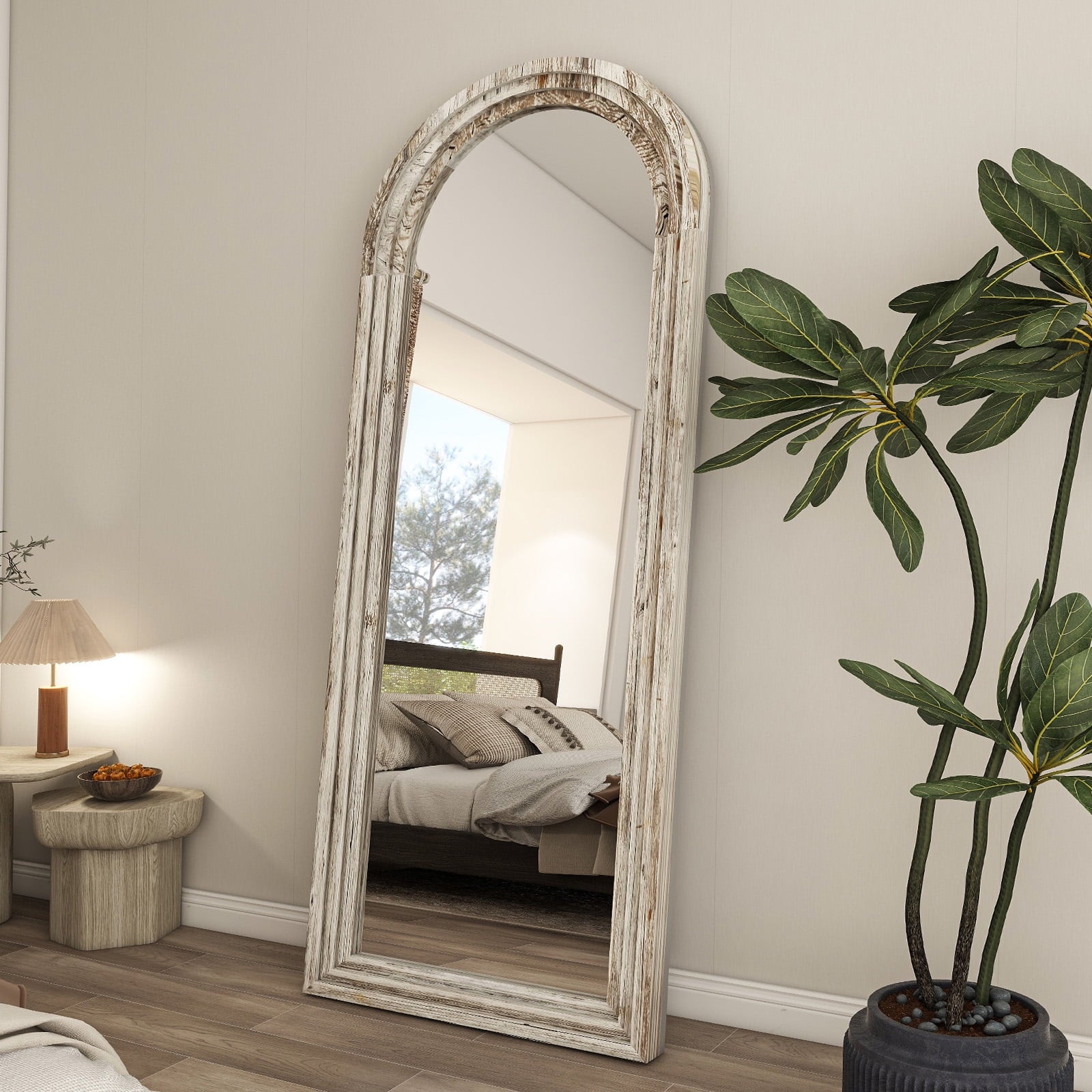 71"X30" Arched Full Length Mirror with Stand Solid Wooden Framed Floor Mirror Full Body Mirror,Retro White