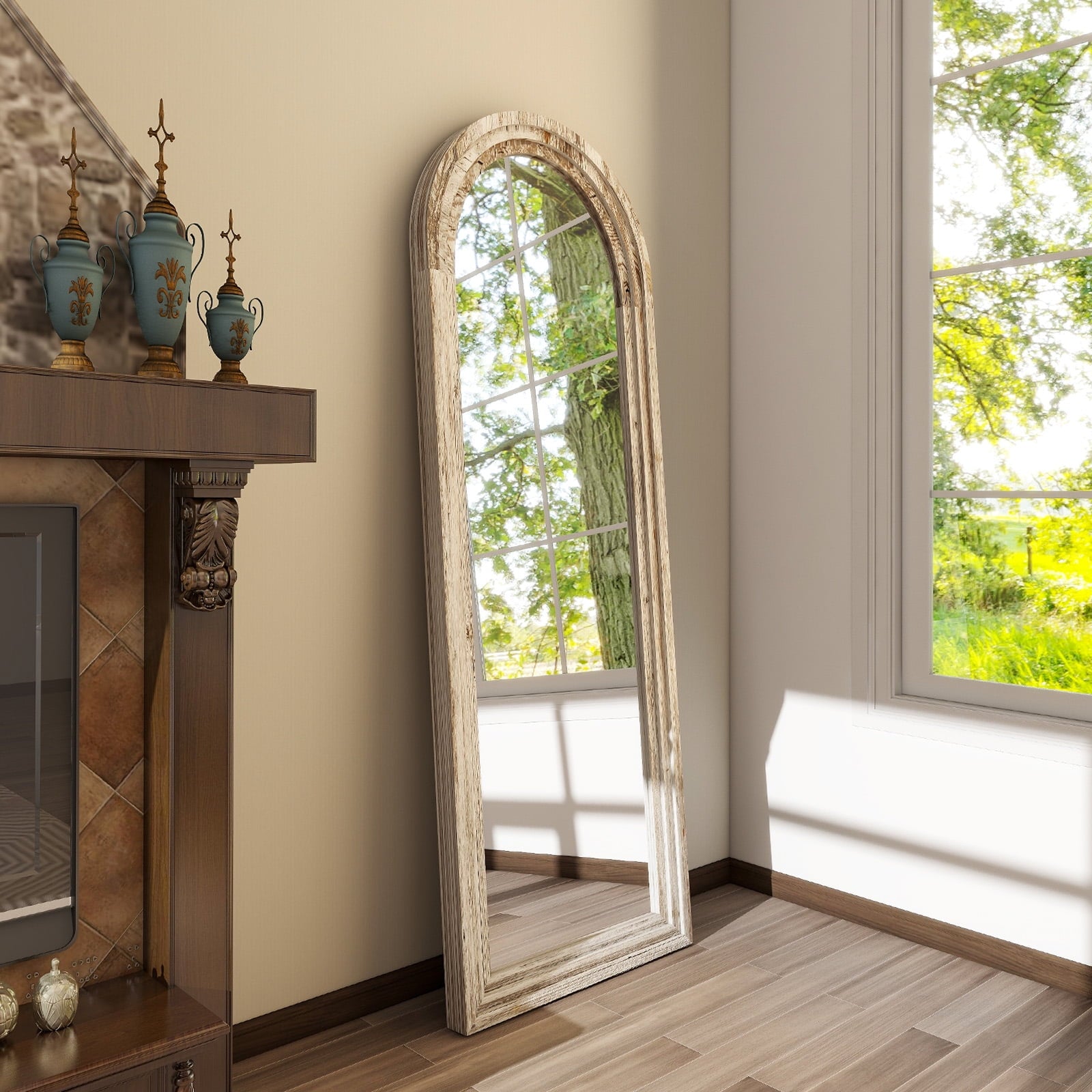 71"X30" Arched Full Length Mirror with Stand Solid Wooden Framed Floor Mirror Full Body Mirror,Retro White