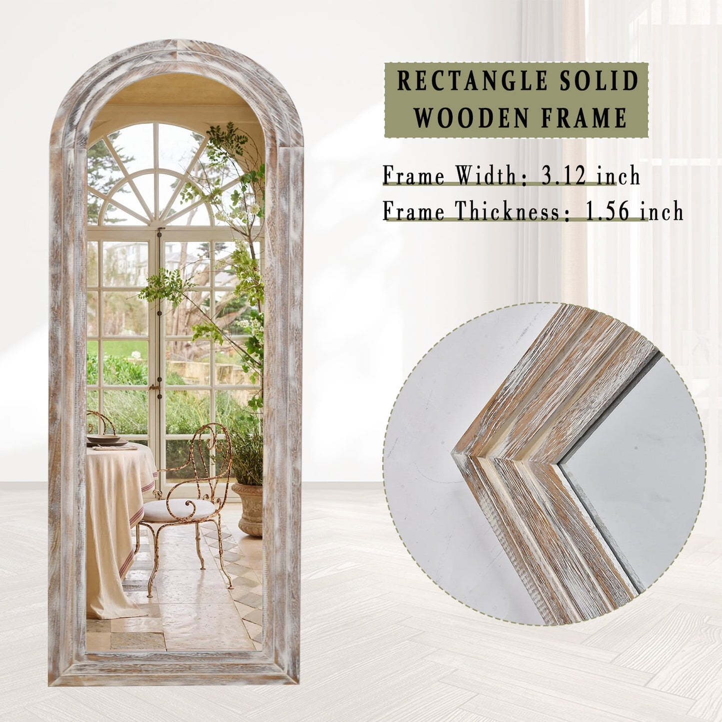 71"X30" Arched Full Length Mirror with Stand Solid Wooden Framed Floor Mirror Full Body Mirror,Retro White