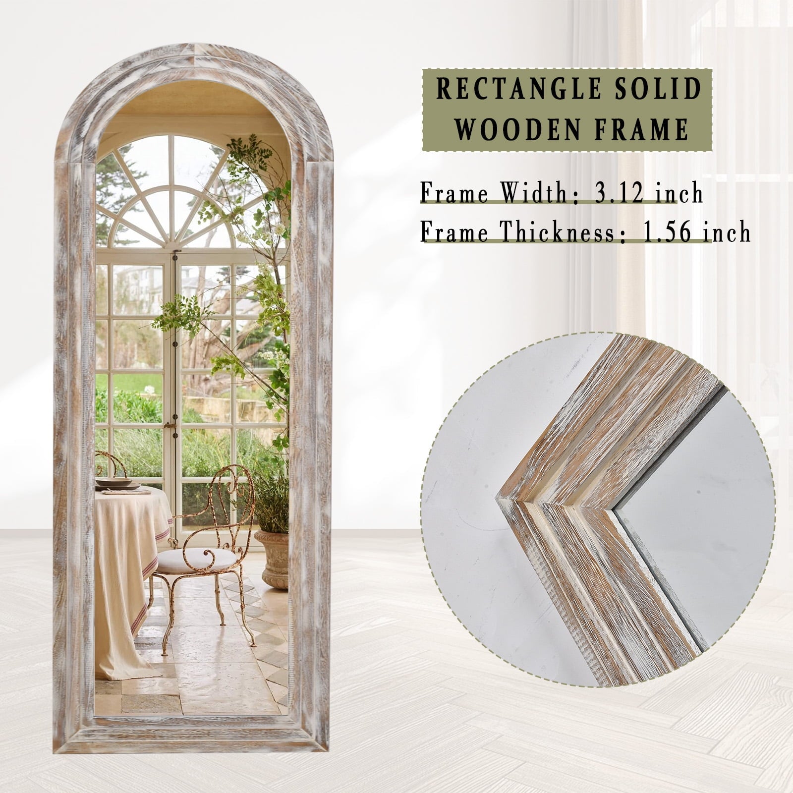 71"X30" Arched Full Length Mirror with Stand Solid Wooden Framed Floor Mirror Full Body Mirror,Retro White